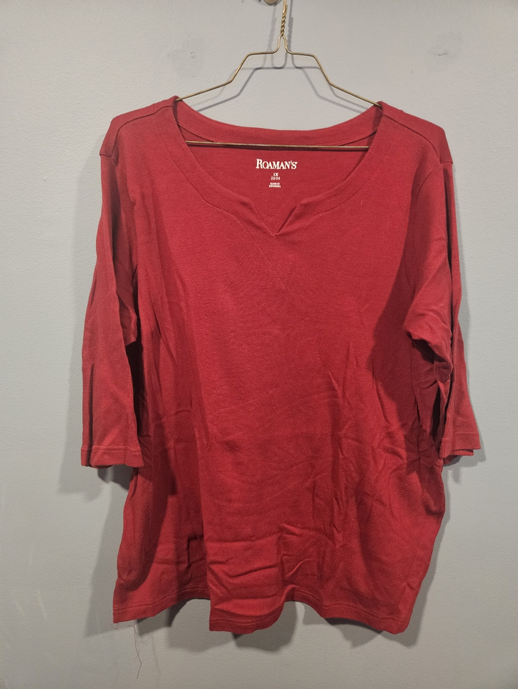 Roaman's Red Scoop Neck 3/4 Sleeve Tee | Size 22/24